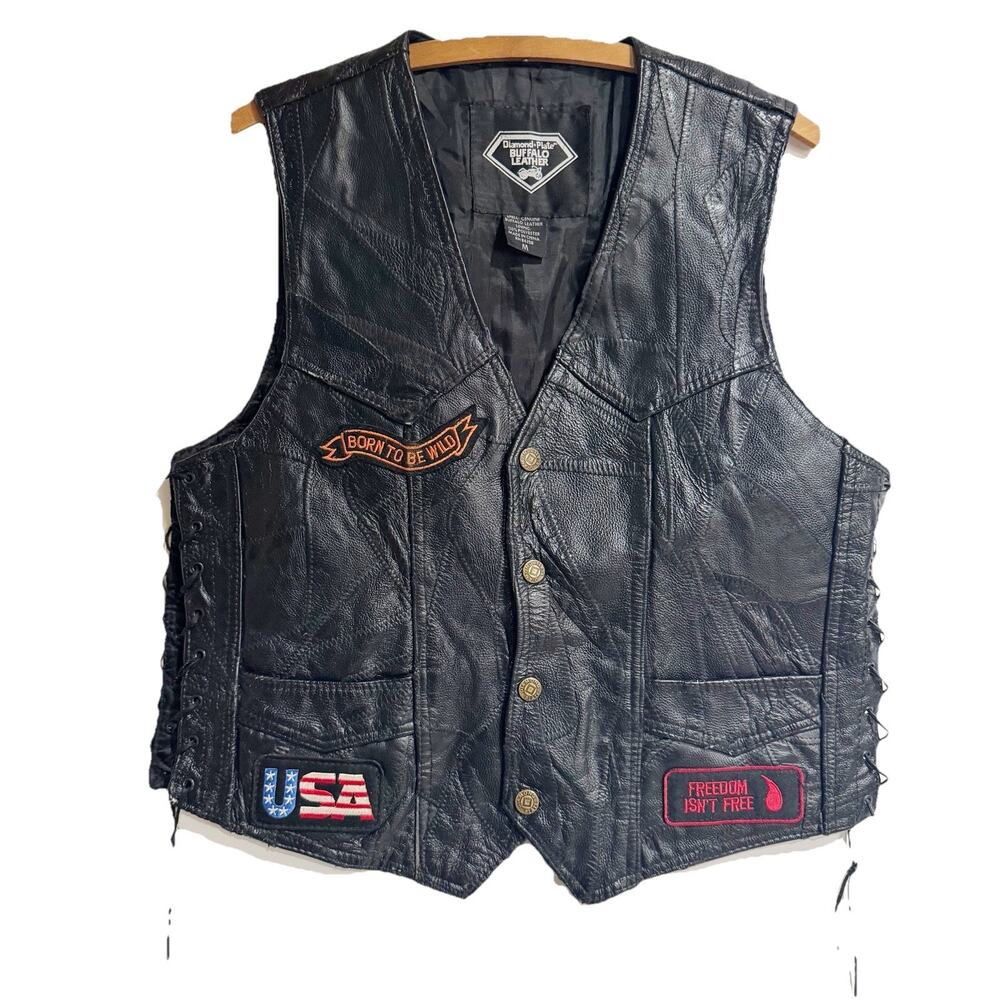 Diamond Plate Biker Vest Womens Vintage Black Patches Vest Lace Up Side Medium
